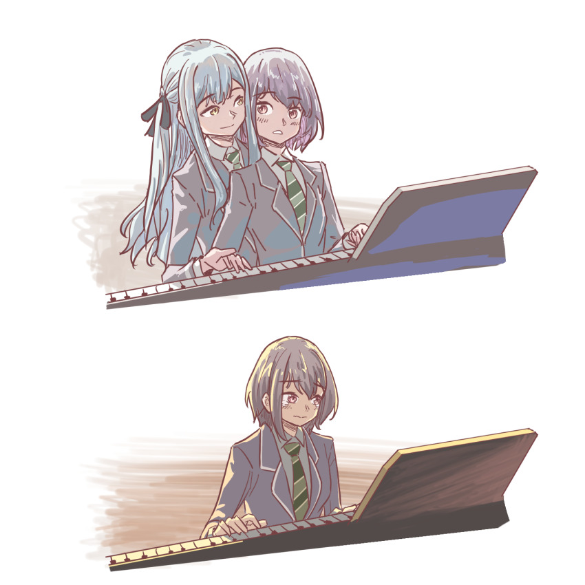 2girls anjuro_zeeku bang_dream! bang_dream!_it&#039;s_mygo!!!!! black_ribbon blue_hair blush brown_eyes closed_mouth collared_shirt commentary diagonal-striped_clothes diagonal-striped_necktie green_necktie grey_hair grey_jacket hair_ribbon haneoka_school_uniform highres holding_hands instrument jacket long_hair long_sleeves multiple_girls necktie open_mouth piano ribbon romaji_commentary school_uniform shirt short_hair sidelocks simple_background striped_clothes takamatsu_tomori tearing_up togawa_sakiko white_background white_shirt yellow_eyes yuri