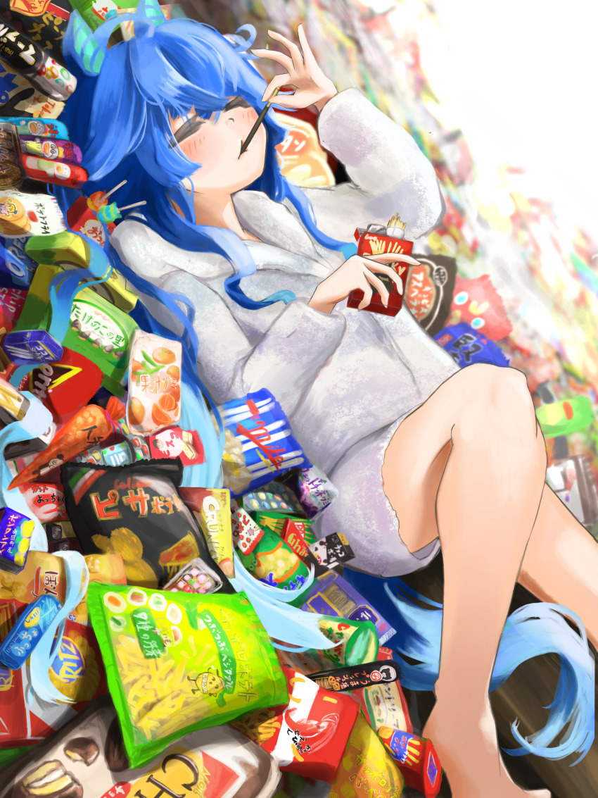 1girl absurdres ahoge animal_ears blue_hair choco_pie closed_eyes curly_hair dessert ear_covers eating food hair_between_eyes highres horse_ears horse_girl long_hair long_sleeves lying pajamas pocky ricca_miz shorts sweets takenoko_no_sato thighs twin_turbo_(umamusume) umamusume