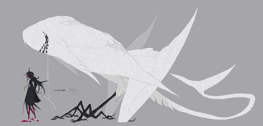 1other bird_legs black_coat black_hair coat feathers from_side full_body grey_background highres kamikiririp long_hair monster original other_focus see-through_clothes simple_background size_difference solo standing talons white_feathers white_string white_tail white_wings wings