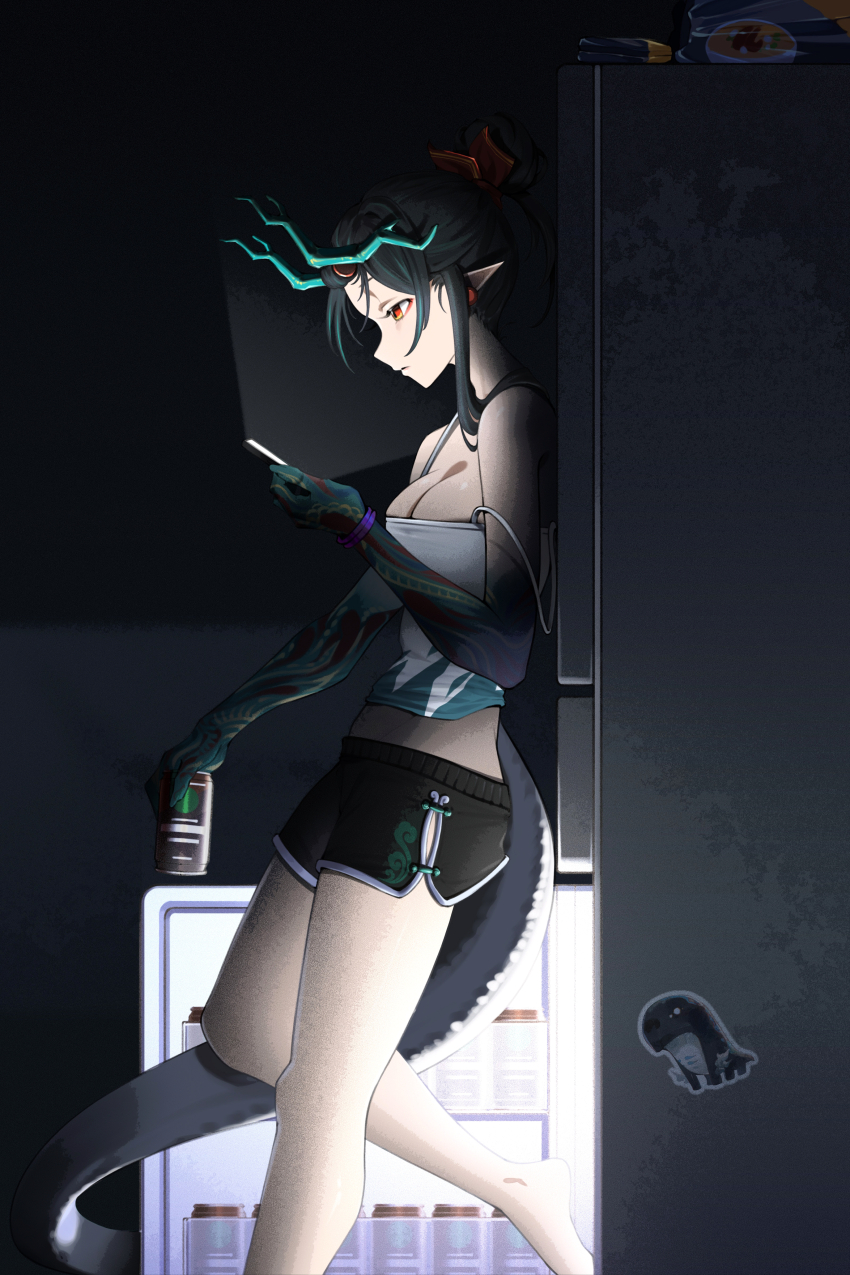 1girl absurdres arknights bare_shoulders bitey_(arknights) black_hair black_shorts breasts can cellphone chinese_commentary cleavage colored_extremities commentary_request dark dolphin_shorts dragon_girl dragon_horns dragon_tail drink drink_can dusk_(arknights) from_side ghosty_(xiaobai) hair_bun highres holding holding_drink holding_phone horns indoors long_hair looking_at_phone making-of_available medium_breasts night orange_eyes phone pointy_ears procreate_(medium) profile refrigerator screen_light shorts smartphone solo spaghetti_strap standing standing_on_one_leg sticker strap_slip tail