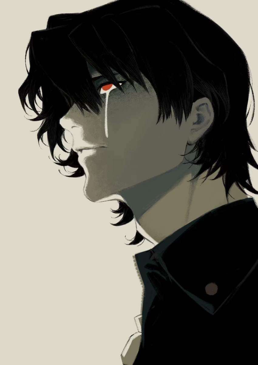 1boy adam&#039;s_apple black_hair black_jacket chinese_commentary closed_mouth commentary_request crying crying_with_eyes_open hair_between_eyes highres jacket light_frown looking_up male_focus minato_kageaki portrait profile red_eyes short_hair simple_background single_tear solo soukou_akki_muramasa tears tuzaixia white_background