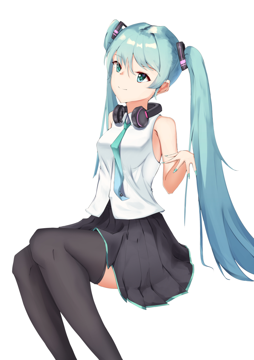 1girl absurdly_long_hair absurdres anniversary aqua_eyes aqua_hair aqua_nails aqua_necktie artist_name artist_request bare_shoulders black_skirt black_sleeves black_thighhighs blue_eyes blue_hair blue_nail_polish blue_nails blue_necktie breasts collarbone collared_shirt detached_sleeves female_focus frilled_shirt_collar frills hair_between_eyes hair_ornament hatsune_miku headphones headphones_around_neck headset headset_removed highres kuweishuye long_hair looking_at_viewer medium_breasts miniskirt nail_(hardware) nail_polish necktie parted_lips pleated_skirt shirt skirt sleeveless sleeveless_shirt sleeves_past_wrists smile solo thighhighs tie_clip twintails very_long_hair vocaloid white_background white_shirt wide_sleeves wing_collar zettai_ryouiki