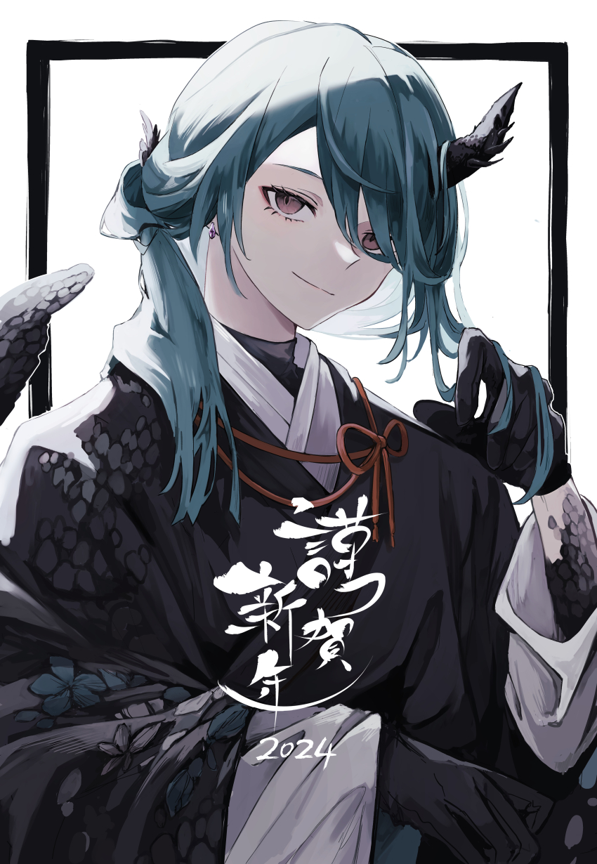 1boy 2024 absurdres alternate_costume black_gloves black_kimono black_scales brown_eyes cie_x6 closed_mouth earrings gloves green_hair happy_new_year highres horns inazuma_eleven_(series) japanese_clothes jewelry kazemaru_ichirouta kimono looking_at_viewer male_focus new_year smile solo upper_body white_background wide_sleeves