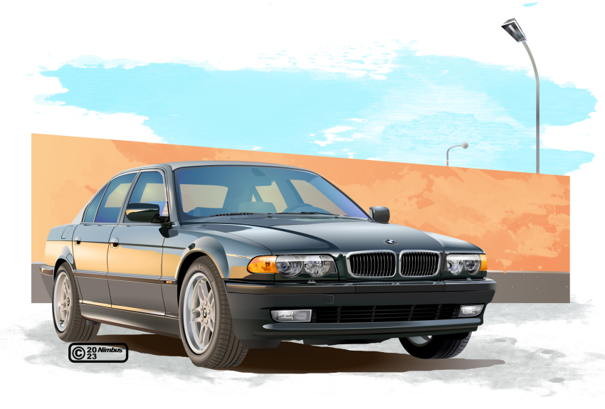 2023 artist_name black_car bmw bmw_e38 car commentary_request copyright_notice highres lamppost left-hand_drive motor_vehicle nimbus_goldbrum no_humans original realistic shadow side-view_mirror steering_wheel vehicle_focus