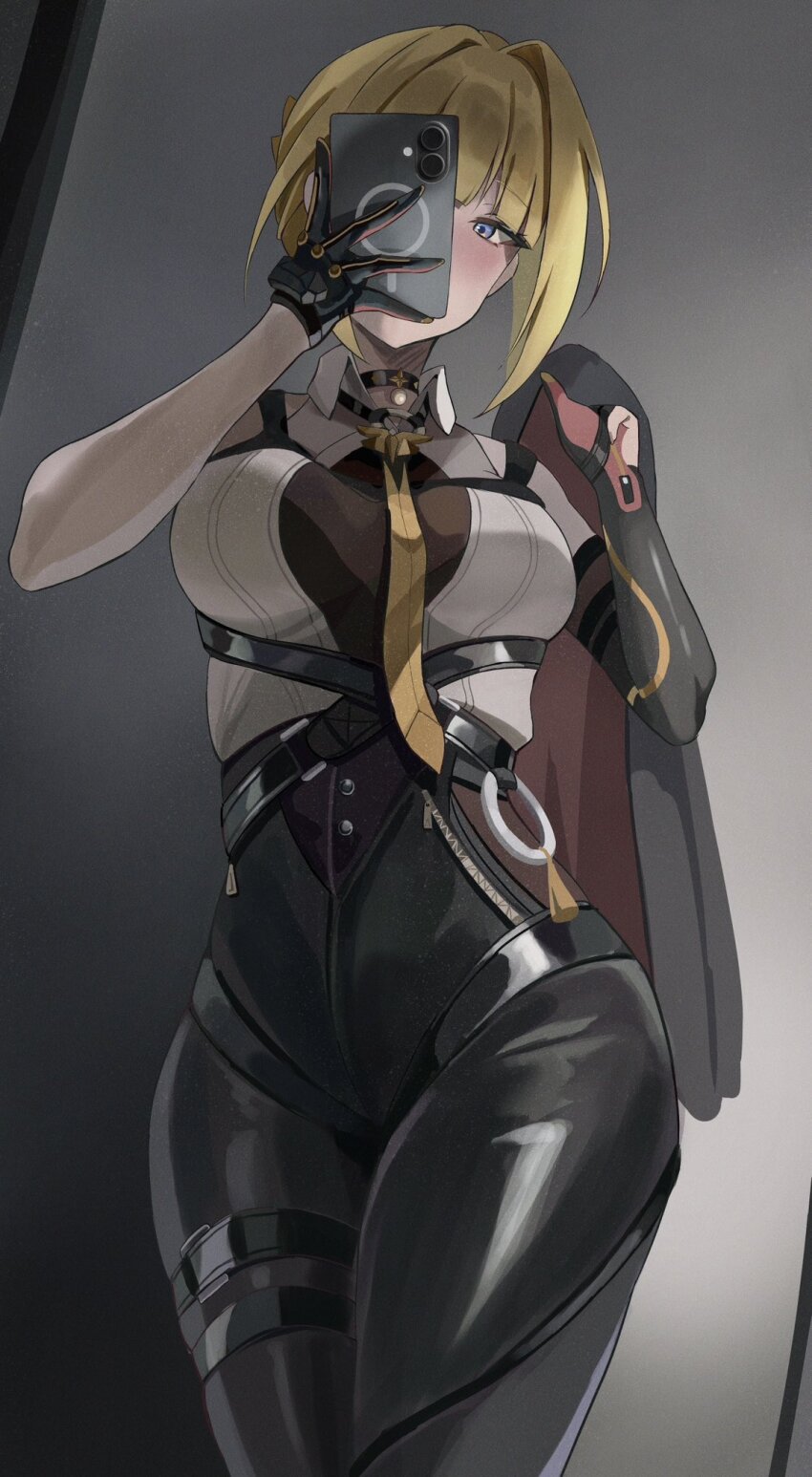 1girl black_gloves black_pants blonde_hair breasts cellphone evelyn_chevalier gloves high-waist_pants highres holding holding_phone large_breasts looking_at_viewer mirror necktie pants phone purple_eyes selfie shirt short_hair smartphone solo taking_picture tight_clothes tight_pants white_shirt yato_(yama0x1) zenless_zone_zero