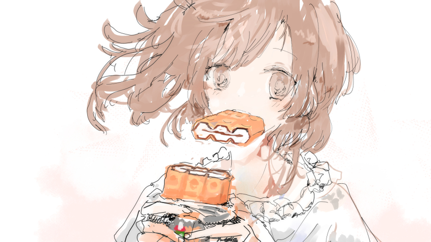 1girl blush brown_eyes brown_hair cevio commentary_request dress eating food food_in_mouth food_request hands_up highres holding holding_food kabuyama_kaigi looking_at_viewer medium_hair portrait satou_sasara side_ponytail simple_background solo white_background white_dress