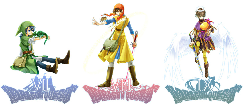 3boys angel_wings bag bandana belt blue_eyes boots brown_eyes brown_hair copyright_name dragon_quest dragon_quest_ix dragon_quest_vii dragon_quest_viii green_eyes green_shirt halo hat hero_(dq7) hero_(dq8) hero_(dq9) highres hinafuru lizard male_focus multiple_boys munchie_(dq8) pteruges shirt short_hair square_enix sword weapon wings