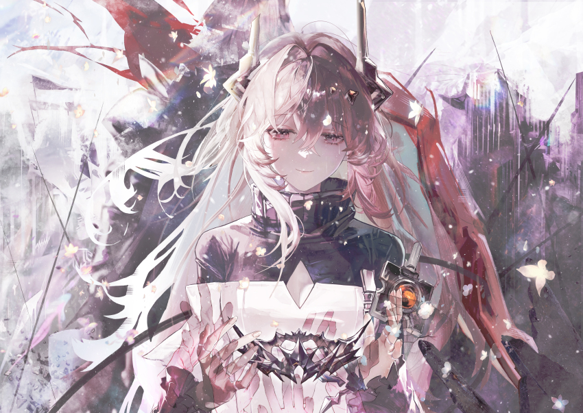 1boy 1girl 1other absurdres arknights black_shirt breasts chinese_commentary cleavage cleavage_cutout clothing_cutout commentary_request crown hair_between_eyes hair_intakes hands_up headgear highres jin_sumire long_hair looking_at_viewer pink_eyes pink_hair pov pov_hands shirt small_breasts solo_focus theresa_(arknights) theresis_(arknights) upper_body very_long_hair