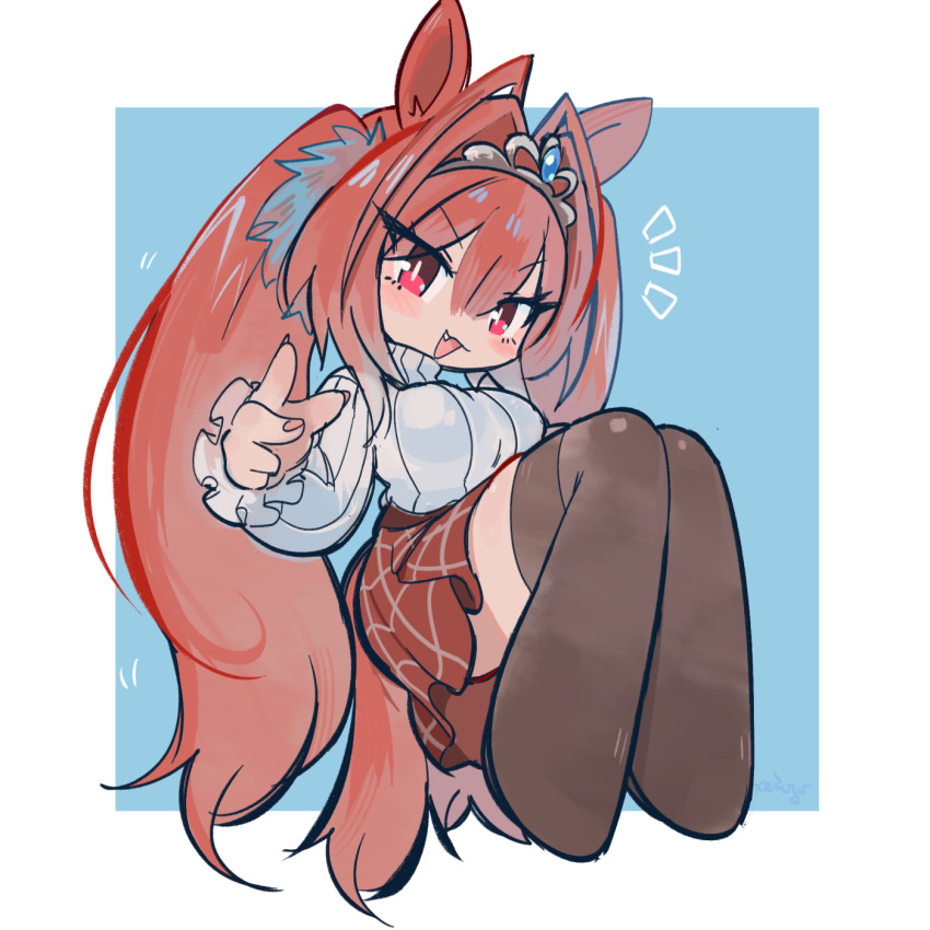 1girl animal_ears black_thighhighs ceroro chibi daiwa_scarlet_(umamusume) fang frilled_sleeves frills hair_intakes highres horse_ears horse_girl horse_tail pink_eyes pink_hair pink_nails pleated_skirt simple_background skirt solo sweater tail thighhighs tiara turtleneck turtleneck_sweater umamusume white_sweater