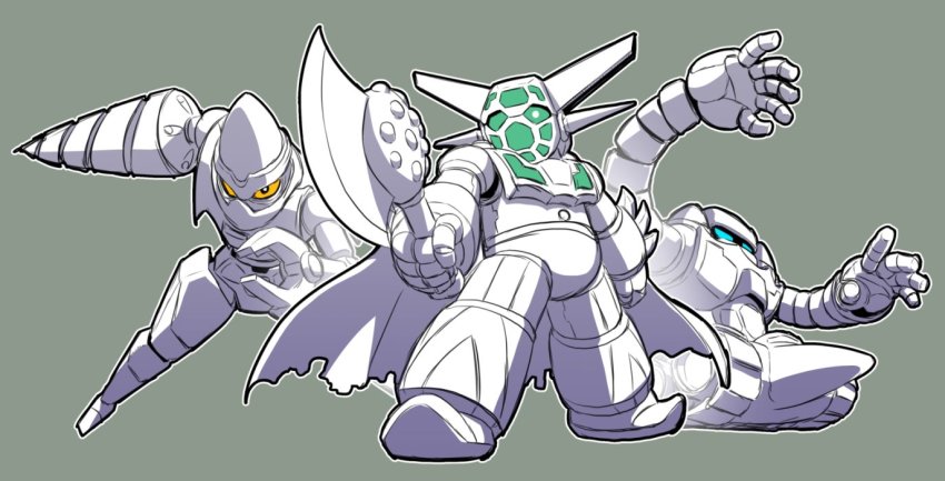 axe blue_eyes chibi drill getter-1 getter-2 getter-3 getter_robo getter_robo_(classic) green_eyes grey_background holding holding_axe mecha mecha_focus no_humans open_hands robot science_fiction spot_color super_robot yabe_makoto yellow_eyes