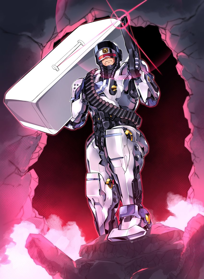 1boy absurdres ammunition_belt commentary cyborg english_commentary frown gun highres holding holding_gun holding_weapon looking_up male_focus parody pillar_buster refrigerator robocop robocop_(character) science_fiction smoke solo visor weapon