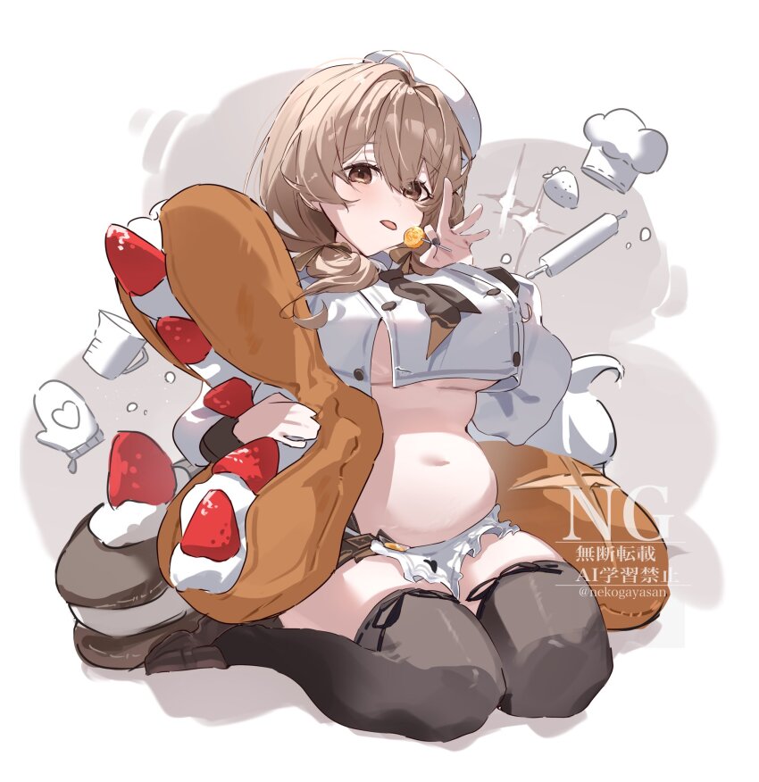 1girl apron belly bready_(nikke) breasts brown_eyes brown_hair brown_neckerchief candy chef_hat food goddess_of_victory:_nikke hat highres holding holding_candy holding_food holding_lollipop large_breasts licking_food lollipop long_hair navel neckerchief nekogayasan pastry patissier plump popped_button solo stretch_marks underboob waist_apron