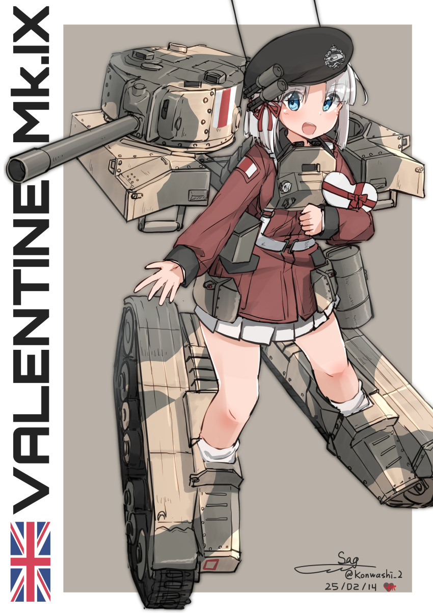 1girl absurdres beret black_hat box cannon caterpillar_tracks hat heart-shaped_box highres jacket long_sleeves mecha_musume military_vehicle miniskirt motor_vehicle original personification pleated_skirt red_jacket skirt solo tank tank_turret teisei_misagi union_jack valentine valentine_(tank) white_skirt