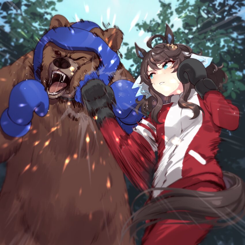 1girl 1other absurdres ahoge animal_ears aqua_eyes bear boxing boxing_gloves boxing_headgear brown_hair commission daring_tact_(umamusume) hair_ornament highres horse_ears horse_girl horse_tail jacket long_hair motsunabe_(mo2nap3) one_eye_closed open_mouth pants red_jacket red_pants red_track_suit skeb_commission star_(symbol) star_hair_ornament tail tracen_training_uniform track_jacket track_suit umamusume