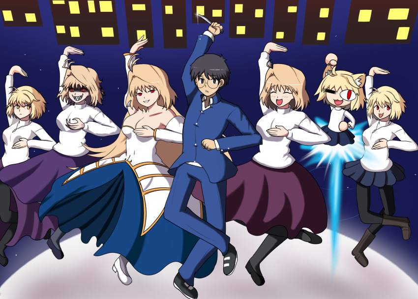 1boy 1girl 6+girls ahoge animal_ears antenna_hair archetype_earth arcueid_brunestud bare_shoulders blonde_hair blush breasts cat_ears cat_girl chibi cleavage dancing detached_sleeves dress dual_persona highres holding holding_knife imstupid13 jewelry knife long_hair long_sleeves looking_at_viewer medium_breasts melty_blood moon multiple_girls neco-arc neco_spirit open_mouth pantyhose red_arcueid red_eyes short_hair skirt smile strapless strapless_dress sweater tohno_shiki tsukihime tsukihime_(remake) turtleneck very_long_hair white_sweater