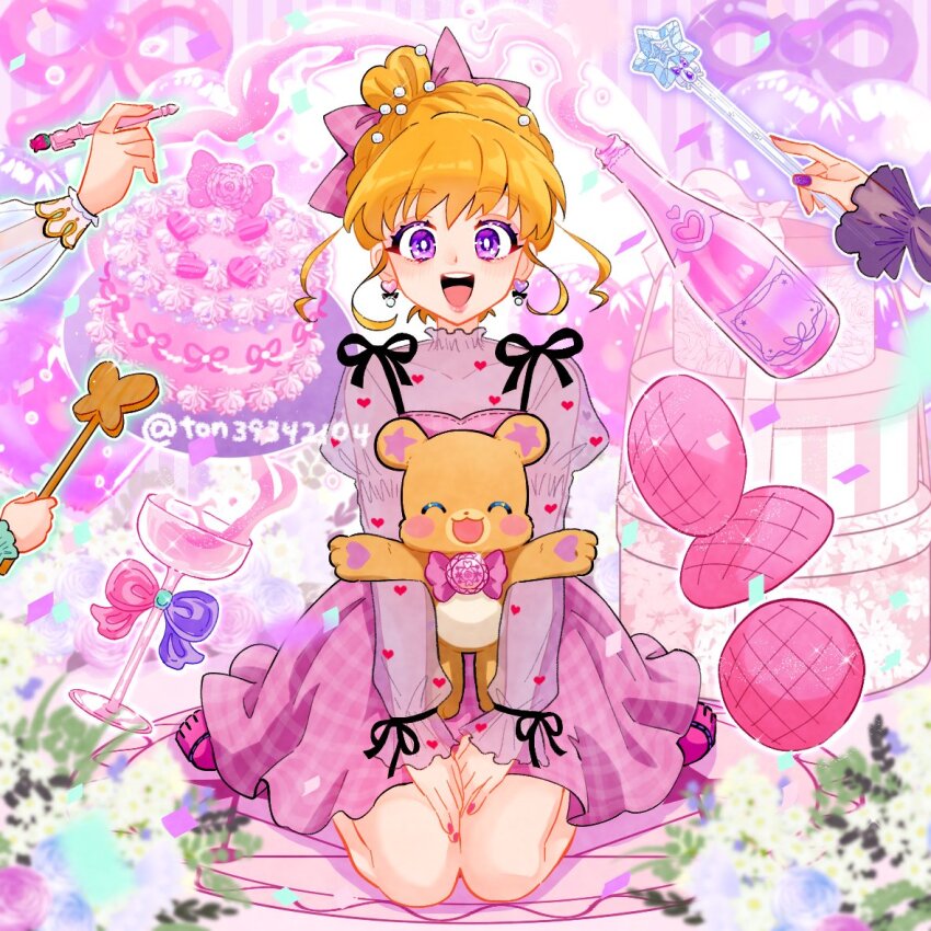 1girl 1other asahina_mirai black_nails black_ribbon blonde_hair bow earrings hair_bow hair_bun jewelry mahou_girls_precure! mahou_girls_precure!!_mirai_days mofurun_(mahou_girls_precure!) nail_polish open_mouth precure purple_eyes ribbon see-through_clothes see-through_sleeves short_hair single_hair_bun sitting smile stuffed_animal stuffed_toy teddy_bear teeth ton_(ton39342104) upper_teeth_only wariza