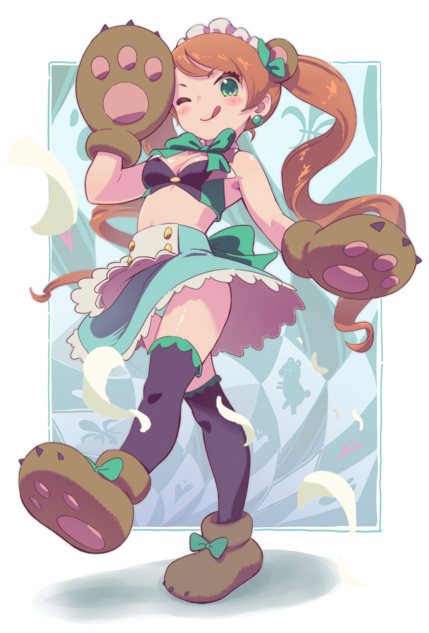 1girl :q absurdres animal_ears animal_hands aqua_panties aqua_skirt bare_shoulders bear_ears bear_paws black_thighhighs blush bow bowtie breasts brown_hair cleavage closed_mouth earrings fake_animal_ears frilled_skirt frilled_thighhighs frills full_body gloves green_bow green_bowtie green_eyes hand_up highres jewelry long_hair looking_at_viewer maid_headdress medium_breasts midriff one_eye_closed panties panty_peek paw_gloves paw_shoes petite skirt solo standing standing_on_one_leg thighhighs thighs tongue tongue_out twintails underwear yamamori_kuukai yuri_kuma_arashi yurigasaki_lulu