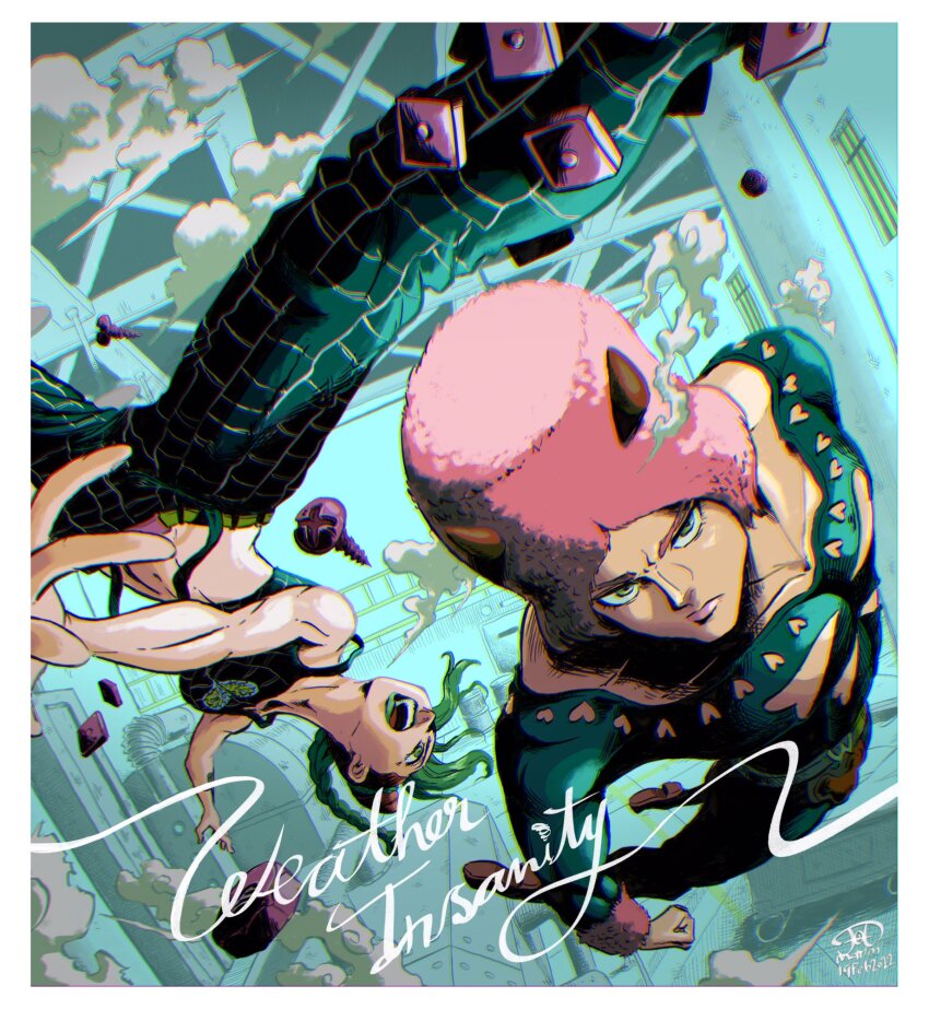 accessories bolt_(hardware) braid braided_ponytail cloud dynamic_pose green_eyes green_hair hat highres jojo_no_kimyou_na_bouken kuujou_jolyne looking_at_viewer mayimster midriff pants ponytail stone_ocean warehouse weather_report wool_hat