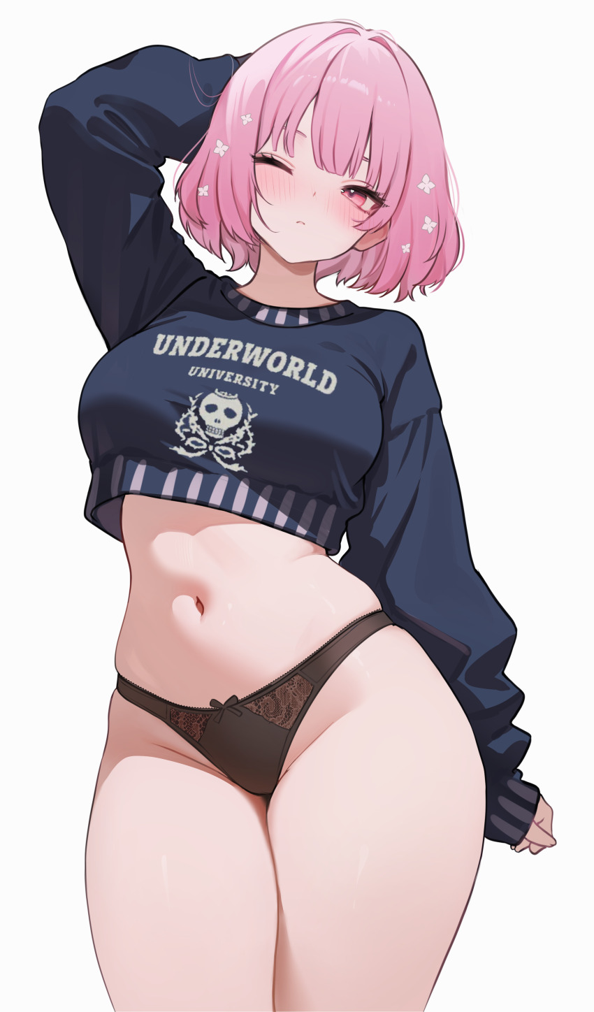 1girl absurdres alternate_costume arm_up black_panties blue_sweater blush bow bow_panties breasts closed_mouth clothes_writing commentary cowboy_shot cropped_sweater flower hair_flower hair_ornament highres hololive hololive_english koahri lace lace-trimmed_panties lace_trim large_breasts long_sleeves mori_calliope mori_calliope_(kawaiiope) navel no_pants official_alternate_costume official_alternate_hair_length official_alternate_hairstyle one_eye_closed panties pink_eyes pink_hair print_sweater short_hair simple_background solo stomach sweater thighs underwear virtual_youtuber white_background white_flower
