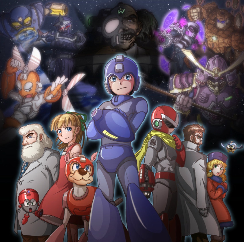 2girls 6+boys abanasosu air_man android arm_cannon beard beat_(mega_man) blonde_hair blue_eyes brown_theme capcom closed_mouth cut_man dog dr._cossack_(mega_man) dr._light_(mega_man) dr._wily_(mega_man) earrings facial_hair hat helmet highres jewelry kalinka_cossack_(mega_man) lab_coat long_hair mega_man_(character) mega_man_(classic) mega_man_(series) mega_man_2 mega_man_3 mega_man_4 mega_man_5 mega_man_6 mikhail_cossack multiple_boys multiple_girls open_mouth proto_man rockman_(game) roll_(mega_man) rush_(mega_man) scarf shadow_man_(mega_man) skull_man standing stone_man teeth weapon white_hair yamato_man
