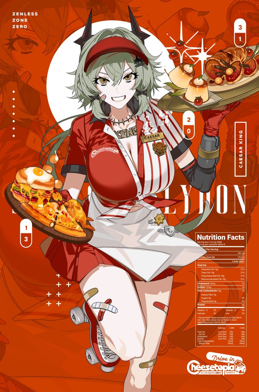 1girl absurdres alternate_costume baseball_cap breasts brown_eyes caesar_king_(zenless_zone_zero) cleavage clenched_teeth english_text food gloves green_hair hair_between_eyes hat highres large_breasts looking_at_viewer mzet pizza red_gloves roller_skates sidelocks skates smile solo standing standing_on_one_leg teeth zenless_zone_zero