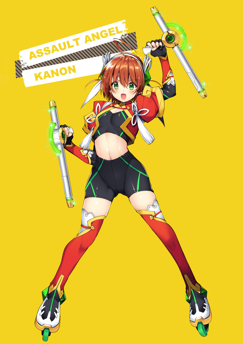 1girl absurdres ahoge bike_shorts breasts brown_hair female_focus green_eyes highres inline_skates looking_at_viewer magical_girl navel open_mouth roller_skates short_hair skates small_breasts solo tamiya_akito thighhighs tomboy