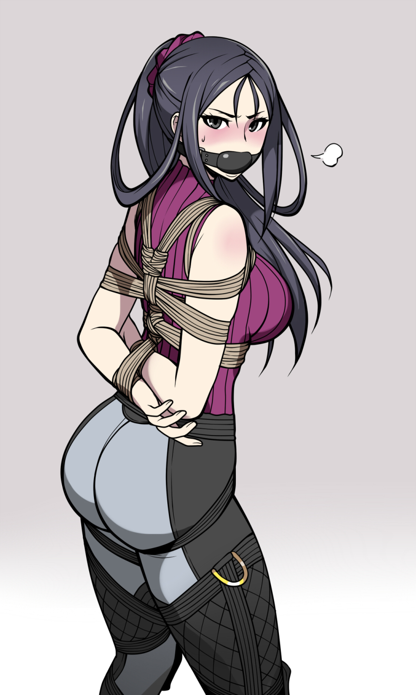 1girl ass ball_gag bdsm black_hair bondage boots bound breasts female_focus fingerless_gloves gag gloves gun highres jam-orbital kai_schren large_breasts long_hair looking_at_viewer military military_uniform pants ponytail restrained senjou_no_valkyria senjou_no_valkyria_(series) senjou_no_valkyria_1 senjou_no_valkyria_4 solo weapon