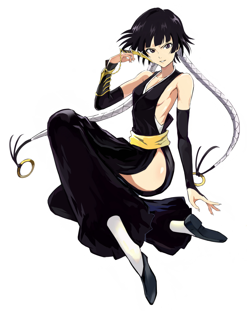 1girl bare_shoulders black_dress black_eyes black_footwear black_hair bleach breasts commentary detached_sleeves dress from_side full_body highres looking_at_viewer okken short_hair_with_long_locks sideboob simple_background small_breasts solo sui-feng white_background