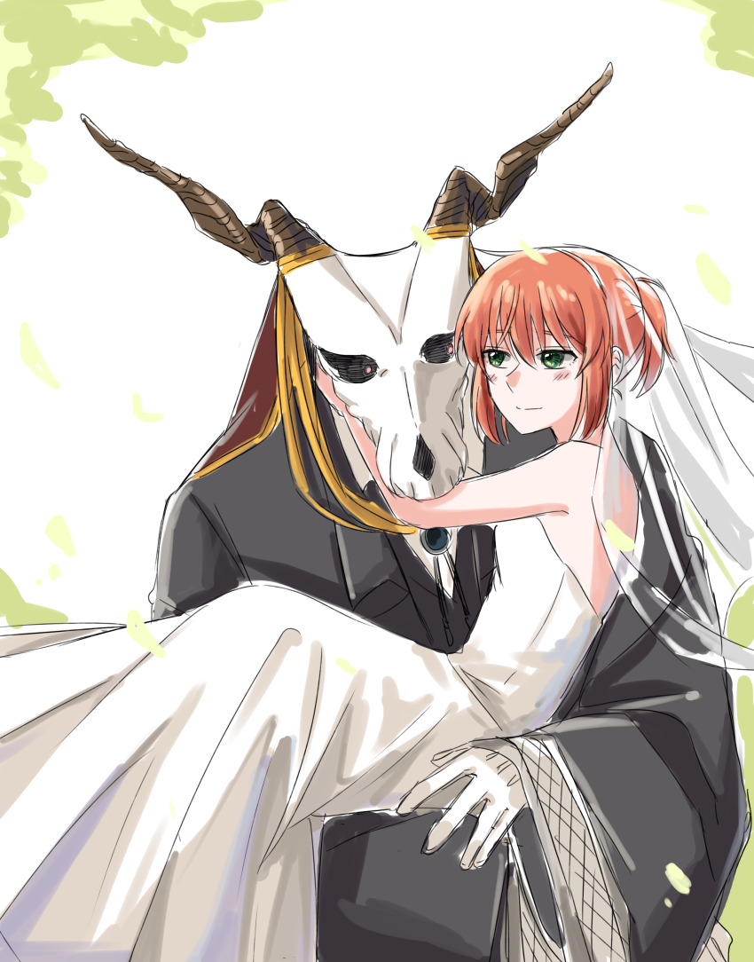 1boy 1girl absurdres animal_head animal_skull backless_dress backless_outfit black_coat blush bridal_veil bride closed_mouth coat delfuze dress elias_ainsworth gloves green_eyes hatori_chise highres horns husband_and_wife interspecies long_dress long_sleeves mahou_tsukai_no_yome orange_hair ponytail short_hair skull_head smile veil wedding_dress white_dress white_gloves