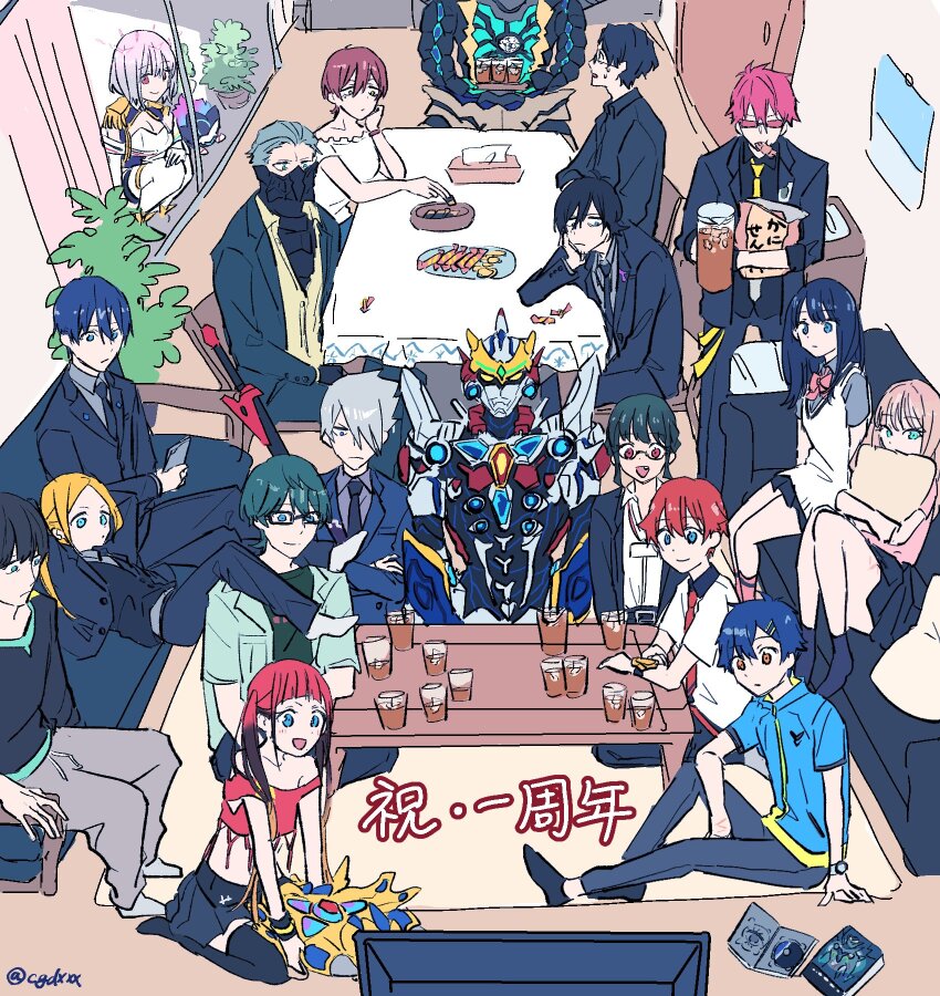 6+boys 6+girls acceptor alexis_kerib alexis_kerib_(new_order) anosillus_ii anti_(ssss.gridman) asanaka_yomogi ass asukagawa_chise black_hair black_skirt black_suit blonde_hair blue_eyes blue_hair boots borr bow bowtie braid breasts brother_and_sister brown_hair cup drink drinking_glass food formal_clothes frilled_skirt frills gauma glasses gloves goldburn green_eyes green_hair grey_hair gridman_(ssss) gridman_universe gridman_universe_(movie) gridman_universe_fighter hair_between_eyes hair_ornament hairclip happy_anniversary hibiki_yuuta highres himagosan jacket kaiju long_hair long_sleeves mask mature_female max_(ssss.gridman) medium_breasts minami_yume mother_and_daughter mother_and_son multiple_boys multiple_girls necktie open_mouth purple_hair purple_skirt red_bow red_eyes red_hair samurai_calibur scar school_uniform scrunchie shinjou_akane shinjou_akane_(new_order) shirt short_hair short_sleeves siblings skirt smile suit takarada_orie takarada_rikka thighhighs thighs tokusatsu twintails utsumi_shou vit white_footwear white_gloves white_shirt wrist_scrunchie yamanaka_koyomi yellow_eyes