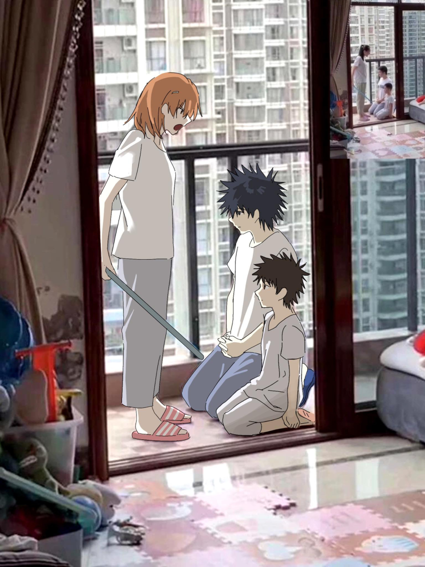 1girl 2boys arguing balcony black_eyes black_hair brown_hair commentary_request family from_inside hair_ornament hairclip harumi61 highres holding holding_polearm holding_weapon if_they_mated kamijou_touma medium_hair misaka_mikoto multiple_boys pants photo_background polearm reference_inset seiza shirt sitting slippers spiked_hair toaru_kagaku_no_railgun toaru_majutsu_no_index weapon white_shirt