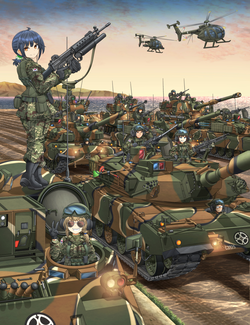 4girls 6+others absurdres ahoge aircraft ambiguous_gender anti-aircraft anti-aircraft_gun assault_rifle belt belt_pouch black_gloves blonde_hair blue_eyes blue_hair boots braid braided_ponytail brown_hair browning_m2 camouflage camouflage_jacket camouflage_pants cloud combat_helmet daewoo_k2 emblem gloves goggles goggles_on_headwear grenade_launcher grin gun headphones heavy_machine_gun helicopter helmet highres holding holding_gun holding_weapon howitzer jacket k1_(tank) k1a1 k2_(tank) k2_black_panther k30_biho k9_thunder looking_at_viewer m203 m60_(machine_gun) machine_gun mh-6_little_bird mikeran_(mikelan) military military_combat_uniform military_uniform military_vehicle motor_vehicle mountain multiple_girls multiple_others ocean orange_eyes original outdoors pants pouch radio_antenna republic_of_korea_army rifle self-propelled_anti-aircraft-gun self-propelled_artillery self-propelled_gun sidelocks smile standing sunglasses tank trigger_discipline twilight underbarrel_grenade_launcher v v-shaped_eyebrows vehicle_focus water weapon