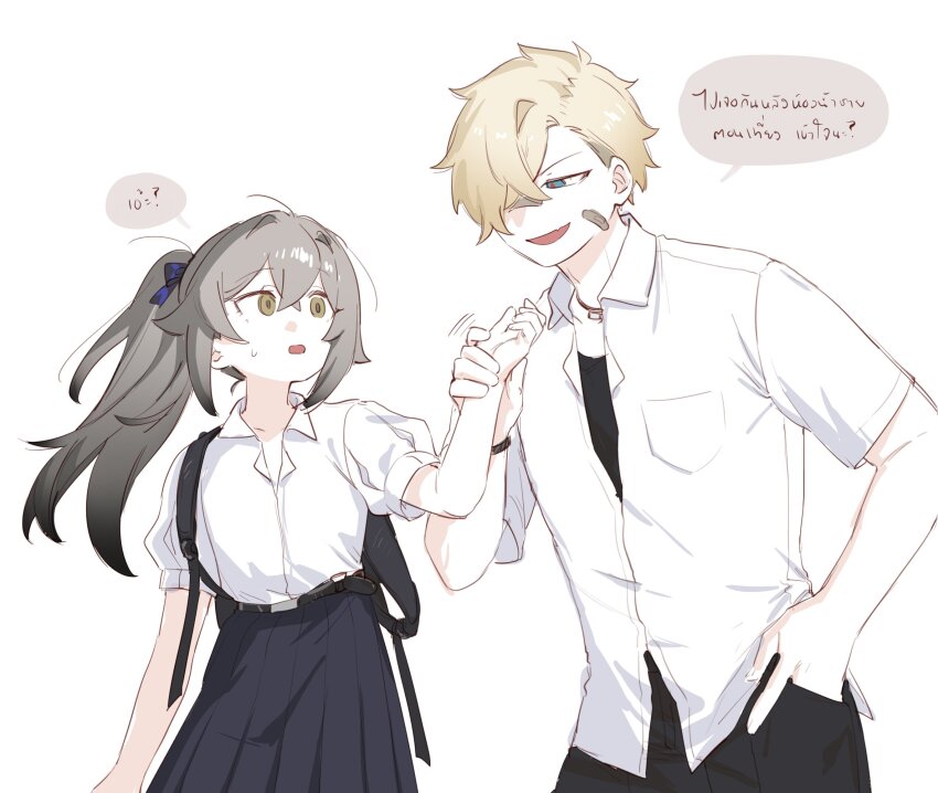 1boy 1girl bandaid bandaid_on_cheek bandaid_on_face black_skirt blonde_hair blue_eyes brown_eyes collared_shirt degrees_of_lewdity grey_hair hair_over_one_eye highres kai_(drakkai10) long_hair looking_at_another original pleated_skirt ponytail shirt short_hair shoya_(kai_(drakkai10)) simple_background skirt speech_bubble thai_text translation_request white_background white_shirt whitney_(degrees_of_lewdity) whitney_(male)_(degrees_of_lewdity)