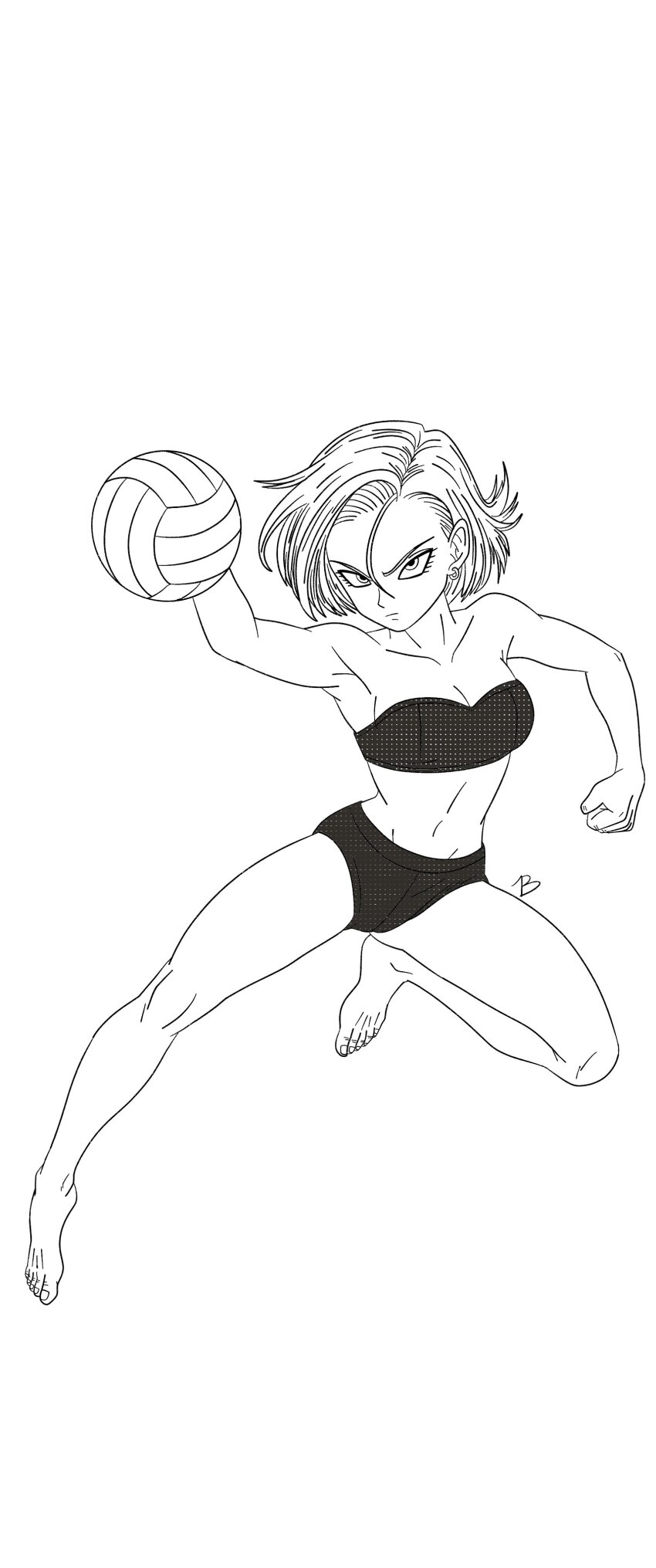 1girl android_18 dragon_ball looking_at_viewer serious solo swimsuit volleyball white_background