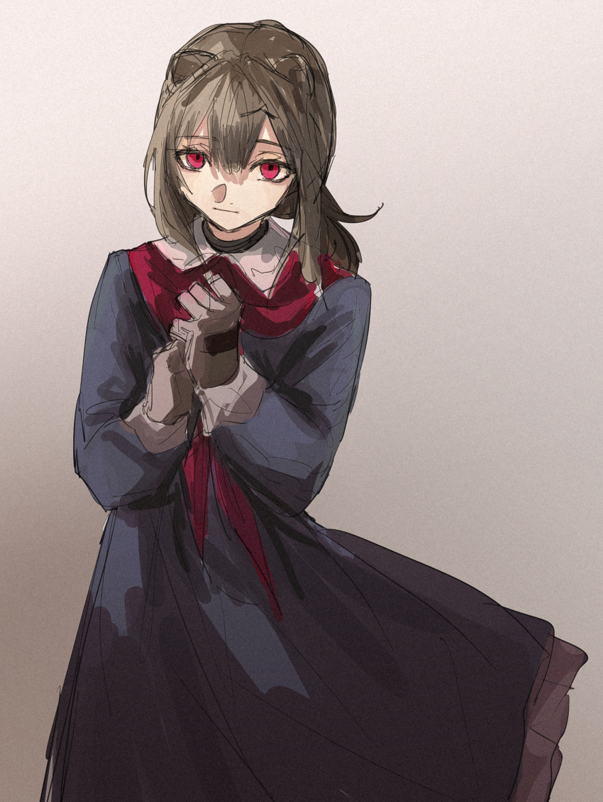 1girl absinthe_(arknights) absurdres animal_ears arknights black_dress brown_background brown_hair closed_mouth dress gloves gradient_background grey_background grey_gloves hair_between_eyes harukan_tiusu highres long_sleeves looking_at_viewer own_hands_together puffy_long_sleeves puffy_sleeves red_eyes solo