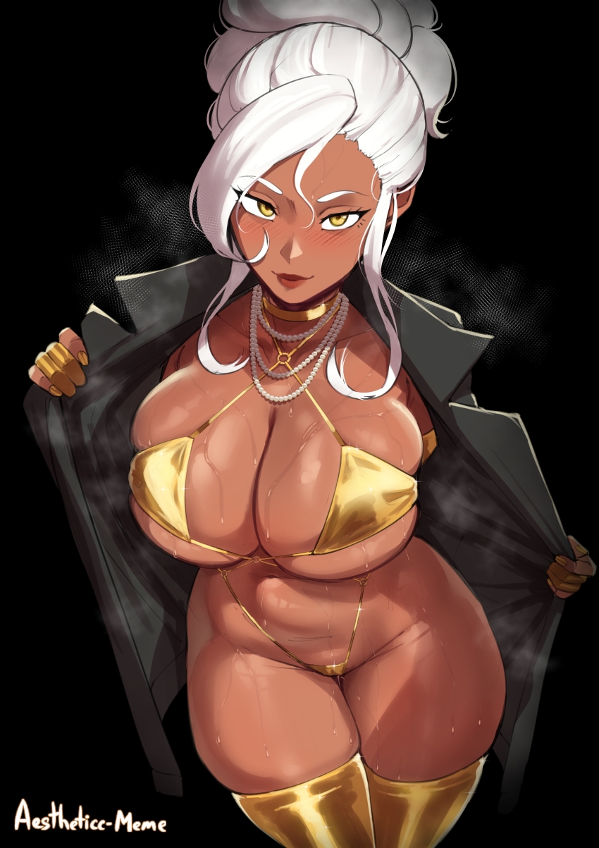 1girl absurdres aestheticc-meme bikini black_background black_coat breasts cleavage coat commentary dark-skinned_female dark_skin english_commentary gold_bikini gold_thighhighs highres jewelry large_breasts lips long_hair looking_at_viewer making-of_available necklace open_clothes open_coat original pearl_necklace sabrina_(aestheticc-meme) sidelocks simple_background smile solo standing steaming_body swimsuit variant_set wet white_hair yellow_eyes yellow_nails