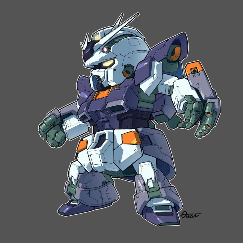 beam_cannon chibi clenched_hand finger_cannon fusion glowing glowing_eye gundam highres looking_ahead mecha mobile_suit mobile_suit_gundam no_humans open_hand profile robot rx-78-2_gundam science_fiction sd_gundam signature solo standing thrusters toilobo v-fin yellow_eyes zeong