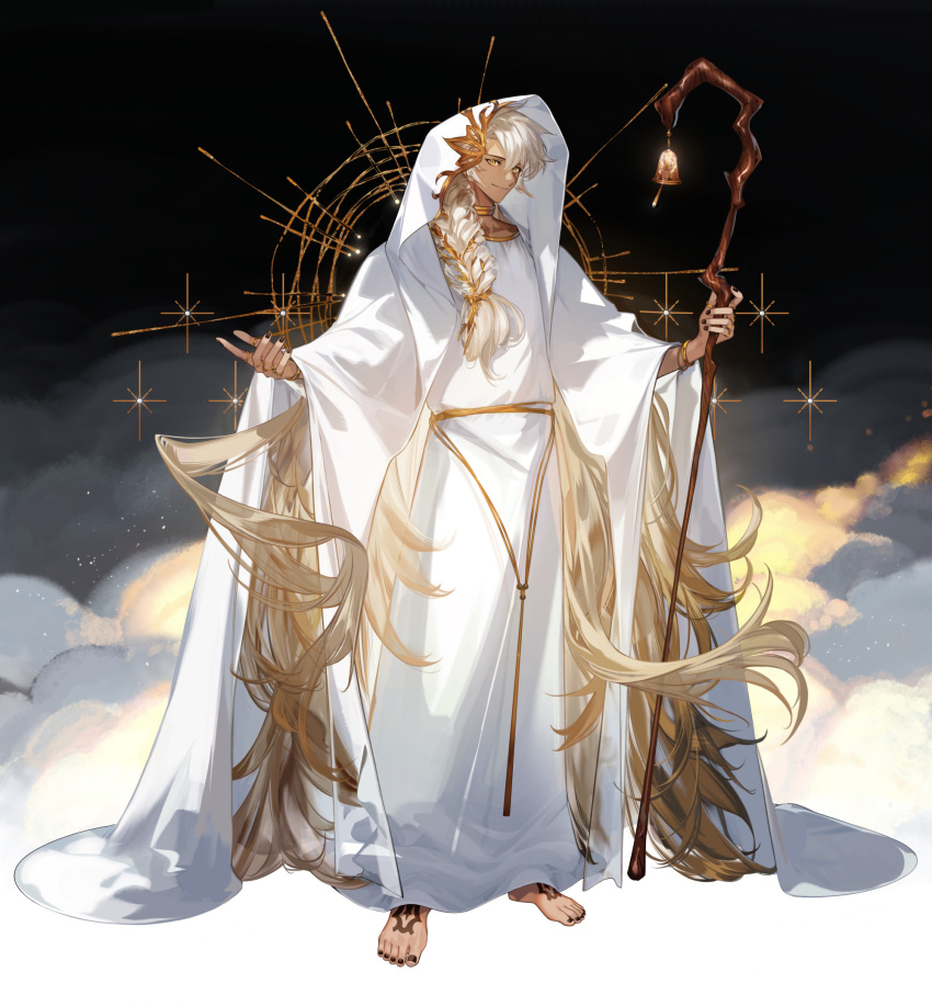 1boy alternate_costume arlizi barefoot bell belt black_background black_nails bracelet braid cloak closed_mouth cloud dark-skinned_male dark_skin fate/grand_order fate_(series) foot_tattoo full_body gold_bracelet gold_ring gold_trim hair_between_eyes hair_ornament hair_over_shoulder hands_up highres holding holding_staff hood hood_up hooded_cloak jewelry long_hair long_sleeves looking_at_viewer male_focus multiple_rings nail_polish neck_ring outdoors ring robe shepherd&#039;s_crook single_braid smile solo solomon_(fate) sparkle staff standing tattoo toenail_polish toenails very_long_hair white_cloak white_hair white_robe wide_sleeves yellow_eyes