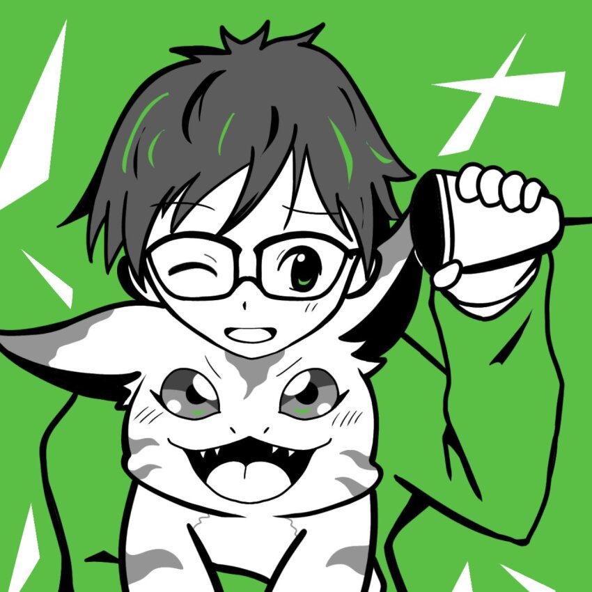 digimon digimon_rearise elecmon glasses highres open_mouth sharp_teeth smile tamada_keito teeth tongue tongue_out