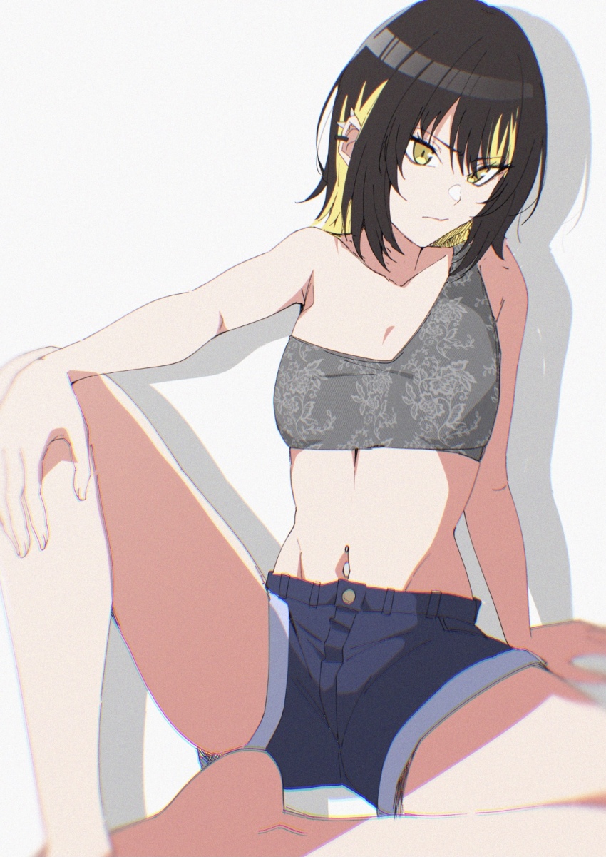 bare_shoulders black_hair blonde_hair breasts hair_between_eyes highres idolmaster idolmaster_shiny_colors ikaruga_luca medium_breasts midriff monya_monya_(tmsc7752) multicolored_hair navel navel_piercing no_shoes piercing short_shorts shorts simple_background thighs white_background yellow_eyes