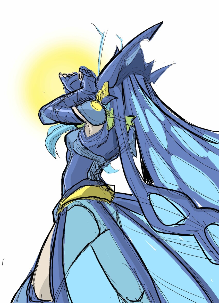 armor armored_boots armored_gloves armored_leotard blue_hair boots bug butterfly butterfly_wings digimon digimon_(creature) gloves headgear helmet highres hudiemon insect insect_wings leotard long_hair ph6xeivbgpimggg see-through_clothes see-through_skirt skirt tinted_eyewear wings yellow-tinted_eyewear