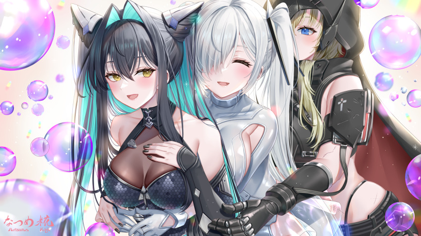 3girls armor black_armor black_dress black_hair black_nails black_panties black_shorts blonde_hair blue_eyes blue_hair breasts cinderella_(nikke) cleavage closed_eyes colored_inner_hair dress gloves goddess_of_victory:_nikke grave_(nikke) highleg highleg_panties highres large_breasts little_mermaid_(nikke) long_hair mechanical_arms multicolored_hair multiple_girls nail_polish natsume_koji open_mouth panties shorts single_mechanical_arm smile twintails two-tone_hair underwear very_long_hair white_dress white_gloves white_hair yellow_eyes