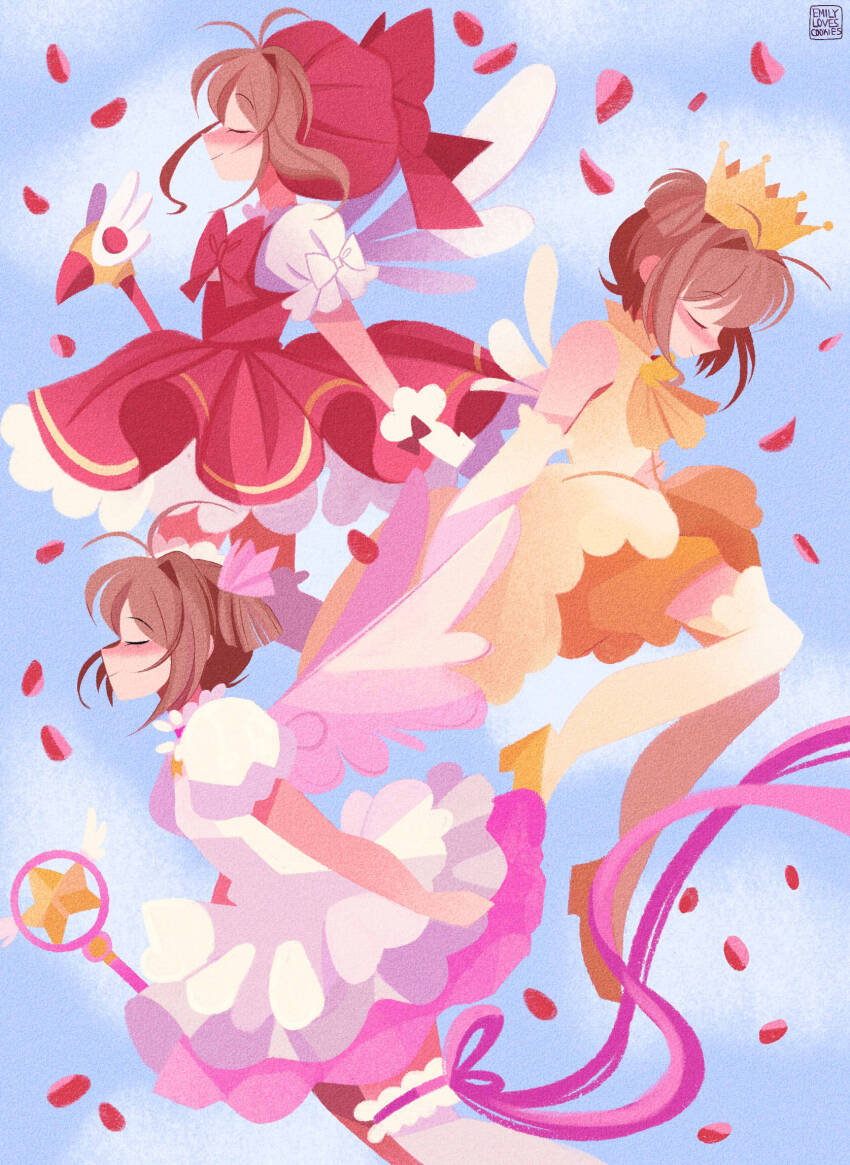 1girl artist_logo bare_shoulders bow bowtie brown_hair cardcaptor_sakura closed_eyes cloud cloudy_sky commentary dress emmyluvscookies english_commentary frilled_dress frills from_side full_body fuuin_no_tsue garter_belt glove_bow gloves hat highres holding holding_wand hoshi_no_tsue kinomoto_sakura kinomoto_sakura_(magician) kinomoto_sakura_(astral_sakura) kinomoto_sakura_(miraculous_sakura) logo mob_cap multiple_views petals pink_bow pink_bowtie pink_dress pink_hat profile puffy_short_sleeves puffy_sleeves red_bow shoes short_hair short_sleeves sky sleeveless sleeveless_dress thighhighs wand white_bow white_dress white_gloves white_thighhighs white_wings wings yellow_dress yellow_shoes