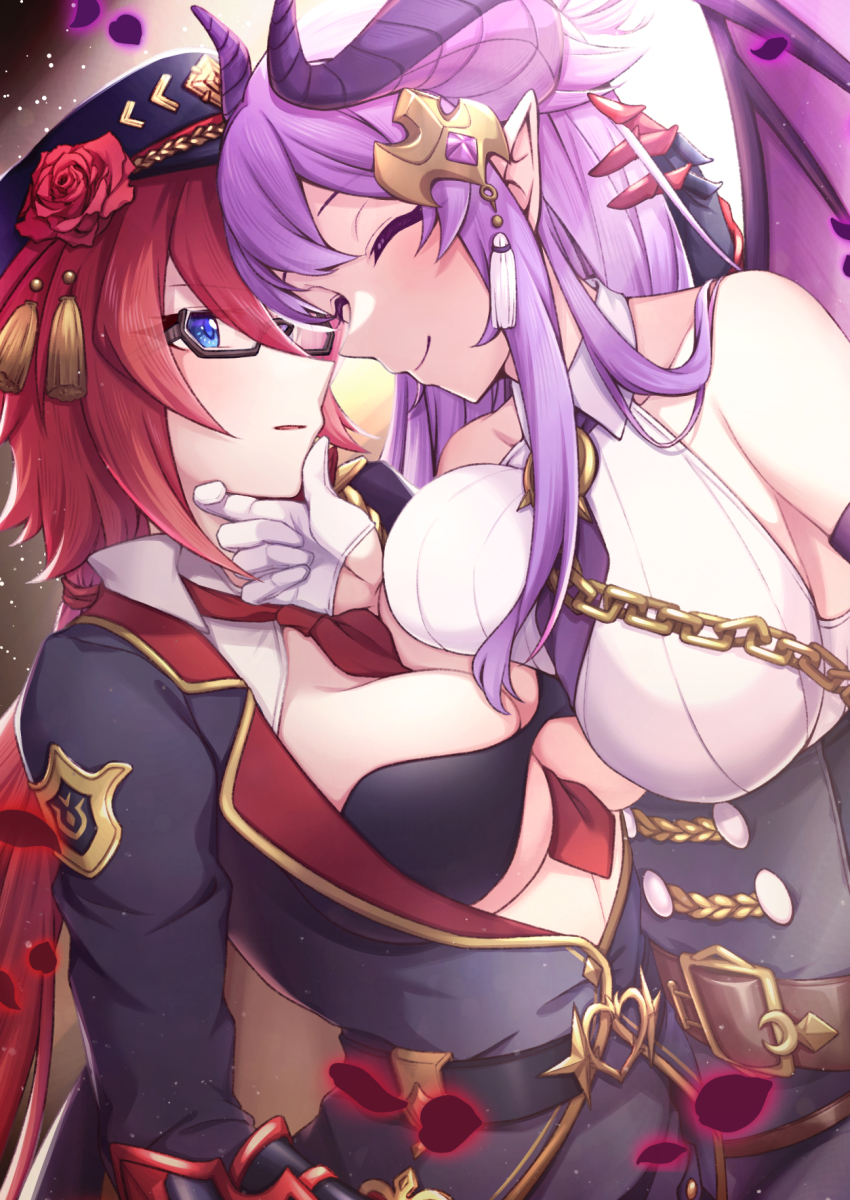 2girls altheavin asymmetrical_docking bare_shoulders belt bikini bikini_top_only black-framed_eyewear black_belt black_hat blue_eyes breast_press breasts brown_belt chain closed_eyes closed_mouth collared_shirt curled_horns dragon_girl dragon_horns dragon_wings eriko_(commander)_(princess_connect!) eriko_(princess_connect!) from_side glasses hair_ornament hand_on_another&#039;s_chin hat highres homare_(princess_connect!) horns labyrista_(princess_connect!) large_breasts low_ponytail makoto_(commander)_(princess_connect!) makoto_(princess_connect!) multiple_girls necktie open_clothes open_mouth petals pointy_ears ponytail princess_connect! purple_hair purple_wings red_hair red_necktie semi-rimless_eyewear shirt sleeveless sleeveless_shirt smile swimsuit under-rim_eyewear uniform wings