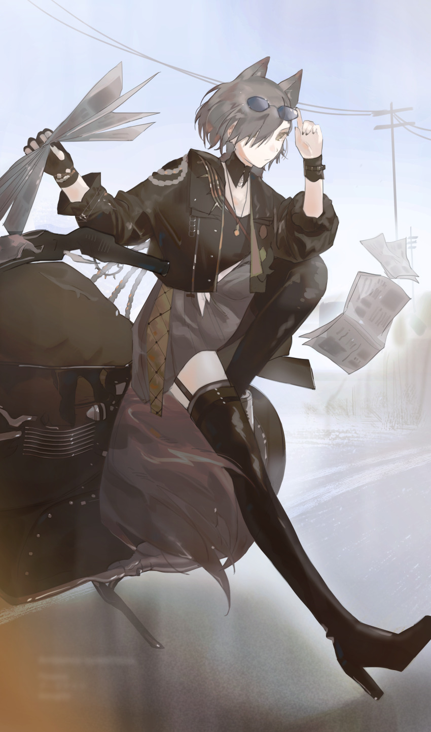 1girl absurdres ambience_synesthesia animal_ears arknights black_jacket black_nails black_shirt boots brown_eyes brown_hair extra_ears eyewear_on_head fingerless_gloves gloves grey_skirt hair_over_one_eye hands_up highres holding jacket jewelry long_sleeves looking_at_viewer nail_polish necklace newspaper official_alternate_costume penance_(ambience_synesthesia)_(arknights) penance_(arknights) shirt short_hair single_glove skirt solo sunglasses tail thigh_boots wolf_ears wolf_girl wolf_tail yuishironeko