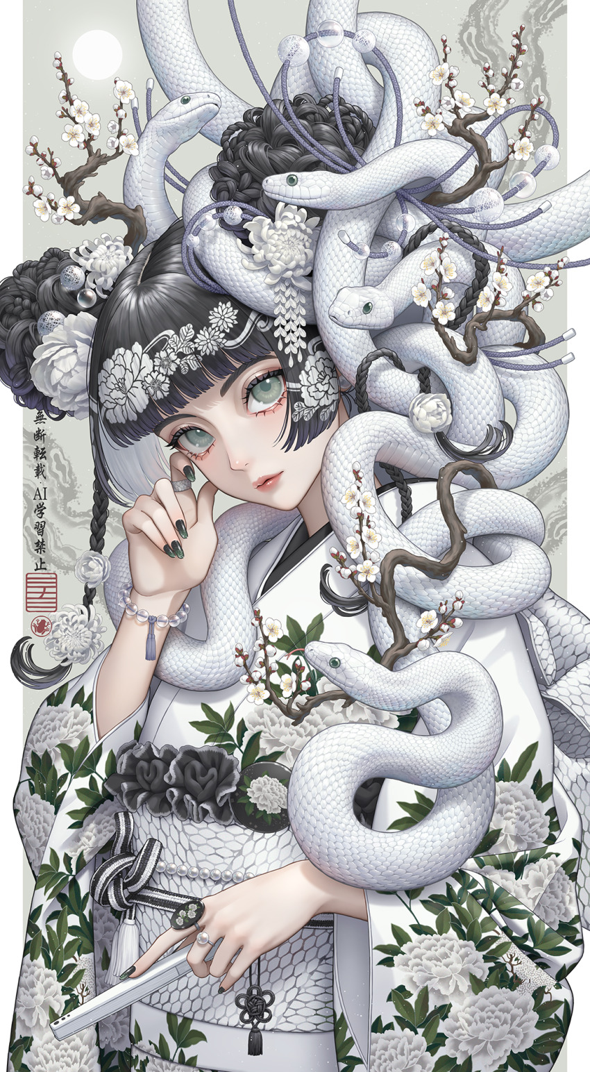 1girl animal animal_on_head animal_on_shoulder bead_bracelet beads black_hair blunt_bangs bracelet braid braided_bun branch chinese_zodiac colored_inner_hair double_bun earrings floral_print floral_print_kimono flower folding_fan gem green_eyes green_nails hair_branch hair_bun hand_fan hand_on_own_face head_tilt highres holding holding_fan japanese_clothes jewelry kimono lips looking_at_viewer minami_(minami373916) multicolored_hair multiple_braids nail_art nail_polish on_head original patterned_hair pearl_(gemstone) pearl_earrings pearl_ring print_kimono ring snake snake_on_head snake_on_shoulder snake_print tassel upper_body white_flower white_hair white_kimono white_theme year_of_the_snake