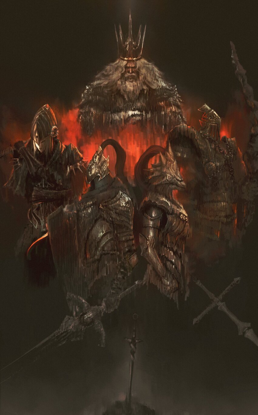1girl 4boys armor artorias_the_abysswalker bow_(weapon) dark_souls_(series) dark_souls_i dragon_slayer_ornstein facial_hair full_armor gauntlets graffitigw gwyn_lord_of_cinder hawkeye_gough highres holding holding_bow_(weapon) holding_sword holding_weapon knight lord&#039;s_blade_ciaran multiple_boys mustache planted planted_sword planted_weapon standing sword upper_body weapon white_hair