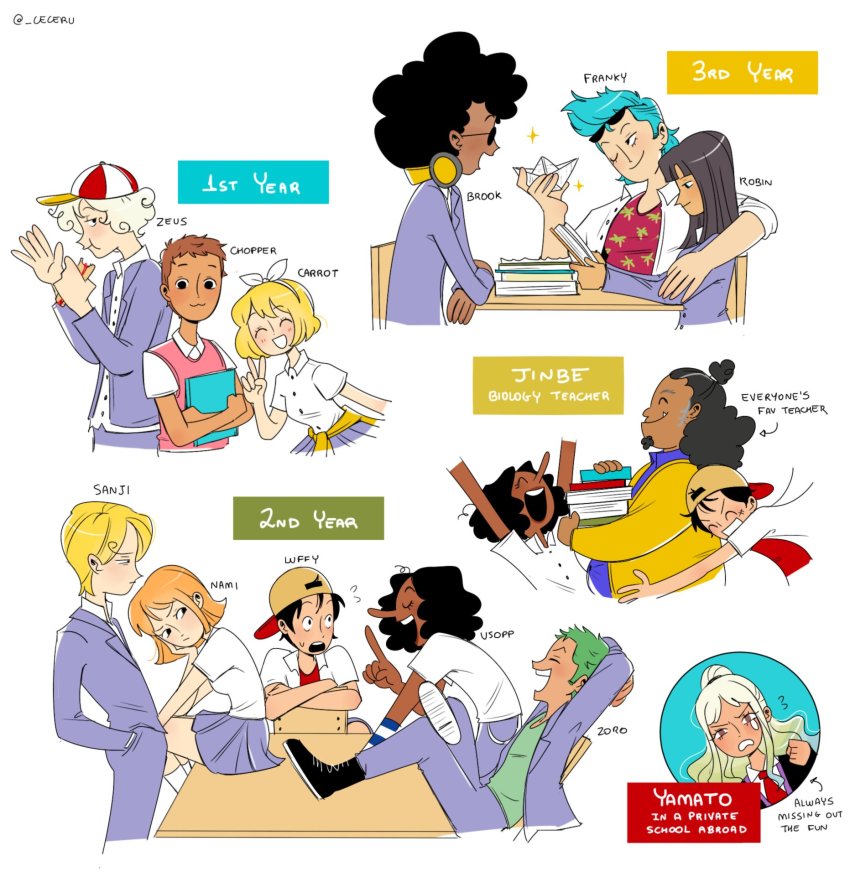 4girls 6+boys ^_^ afro aged_down alternate_species alternate_skin_color alternate_universe arrow_(symbol) baseball_cap black_hair blonde_hair book brook_(one_piece) brown_hair carrot_(one_piece) cesel chair closed_eyes contemporary couple dark-skinned_male dark_skin eating english_text eyewear_on_head fang fang_out flying_sweatdrops food franky_(one_piece) friends green_hair grey_hair hat headphones headphones_around_neck height_difference highres holding holding_food hug humanization jacket jinbe_(one_piece) laughing leaning_back long_hair long_nose long_sleeves looking_at_another looking_at_viewer medium_hair monkey_d._luffy multiple_boys multiple_girls nami_(one_piece) necktie nico_robin one_piece open_mouth orange_hair pants personification roronoa_zoro sanji_(one_piece) school_uniform shirt short_hair short_sleeves sideburns simple_background sitting skirt smile standing sunglasses table tan tony_tony_chopper topknot twitter_username unhappy usopp v very_dark_skin white_background white_hair yamato_(one_piece) zeus_(one_piece)