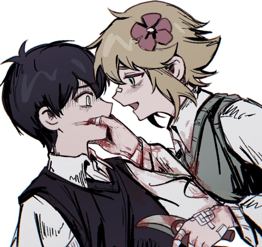 2boys basil_(faraway)_(omori) basil_(omori) black_hair black_sweater_vest blonde_hair blood blood_on_face blood_on_hands blue_eyes blush collared_shirt flower green_sweater_vest hair_flower hair_ornament holding holding_weapon long_sleeves looking_at_another multiple_boys niu_tata omori open_mouth shirt short_hair spoilers sunny_(omori) sweater_vest weapon white_eyes white_shirt