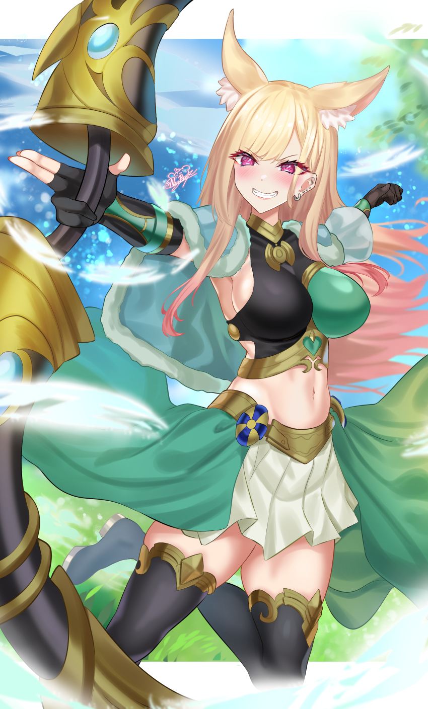 1girl absurdres animal_ear_fluff animal_ears apollousa_bow_of_the_goddess apollousa_bow_of_the_goddess_(cosplay) asymmetrical_gloves barbell_piercing black_boots black_gloves black_shirt blonde_hair blush boots bow_(weapon) breasts cape chest_guard colored_tips commentary cosplay covered_collarbone crop_top ear_piercing earrings elbow_gloves extra_ears fingerless_gloves fur_cape gloves gradient_hair green_cape green_skirt grin groin highres holding holding_bow_(weapon) holding_weapon industrial_piercing jewelry kemonomimi_mode kitagawa_marin large_breasts long_hair midriff mismatched_gloves multicolored_hair nail_polish navel nez-box piercing pink_nails pleated_skirt purple_eyes shirt showgirl_skirt sideboob sidelocks signature single_fingerless_glove single_sleeve skindentation skirt sleeveless sleeveless_shirt smile solo sono_bisque_doll_wa_koi_wo_suru standing standing_on_one_leg swept_bangs teeth thigh_boots thighhighs weapon yu-gi-oh! zettai_ryouiki